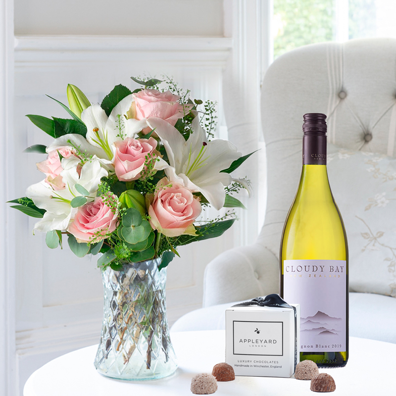 Simply Pink Rose & Lily, Cloudy Bay Sauvignon Blanc & 6 Mixed Truffles image