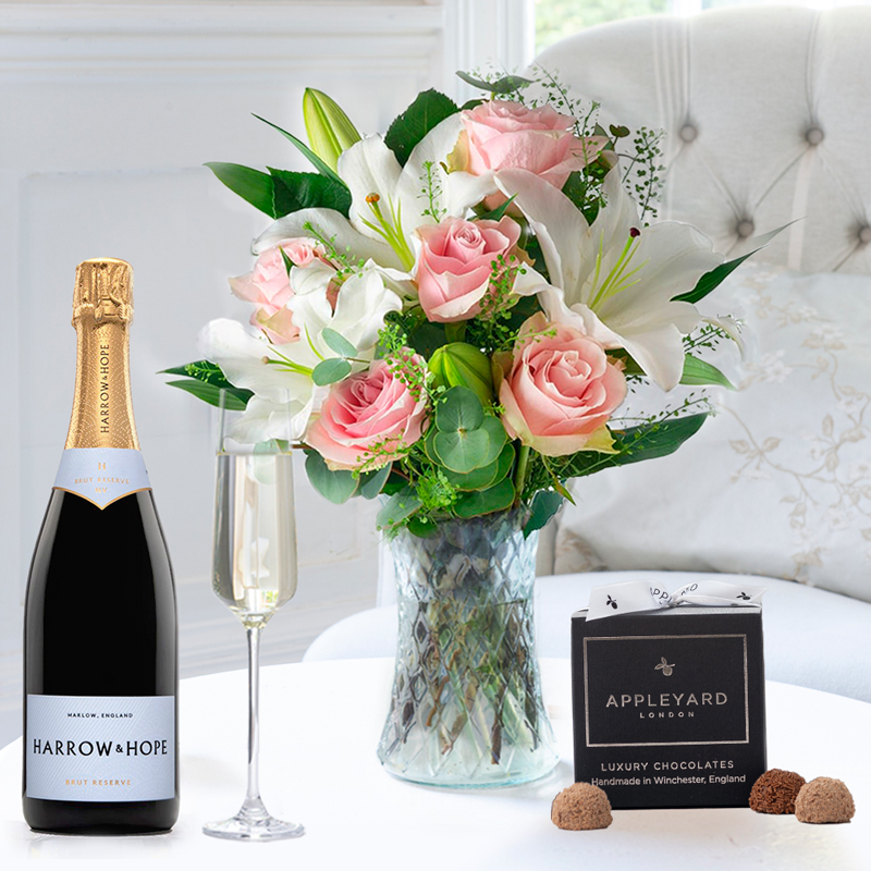Luxury Pink Roses & White Lilies | Harrow & Hope Brut & Truffles | Luxury Flowers & Gifts Delivery UK | Appleyard London