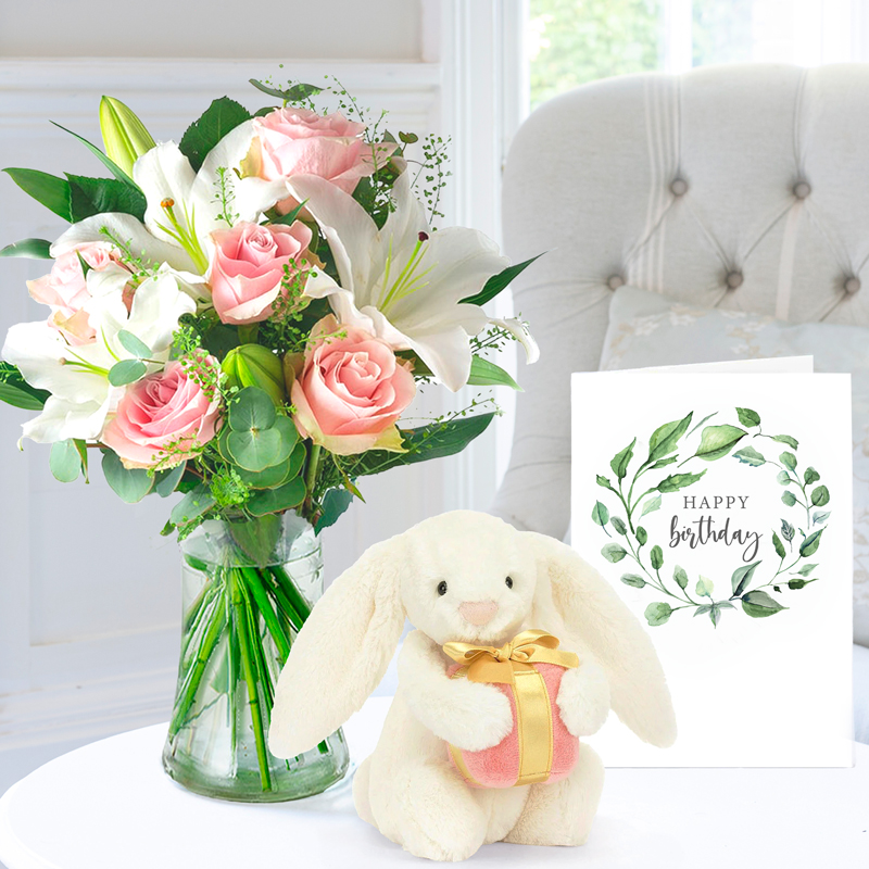 Simply Pink Rose & Lily, Jellycat® Bashful Bunny with Present (18cm) & Birthday Card image
