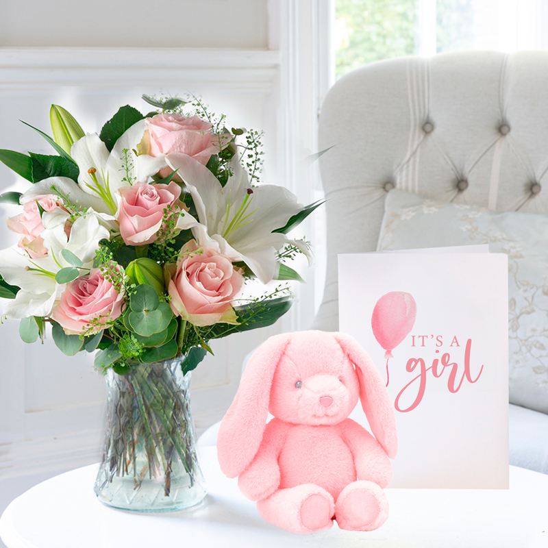 Luxury Pink Roses & White Lilies | Pink Bunny & Baby Girl Card | Luxury Flowers & Gifts Delivery UK | Appleyard London