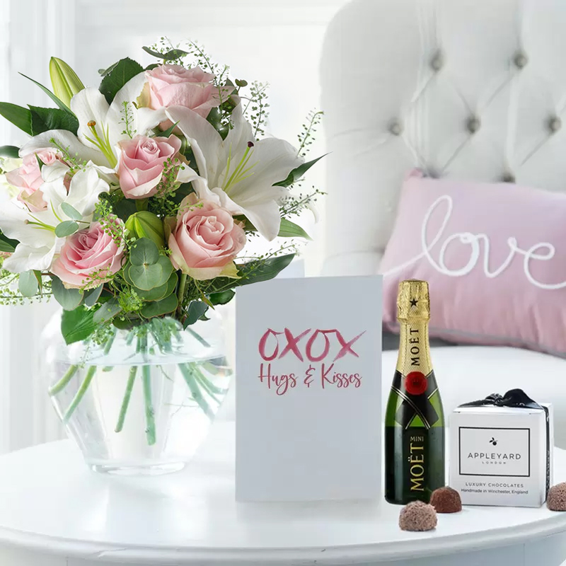 Simply Pink Rose & Lily, Mini Moët, 6 Chocolate Truffles & Romance Card | Romantic Gift Set | Flowers, Champagne & Chocolates - Appleyard London