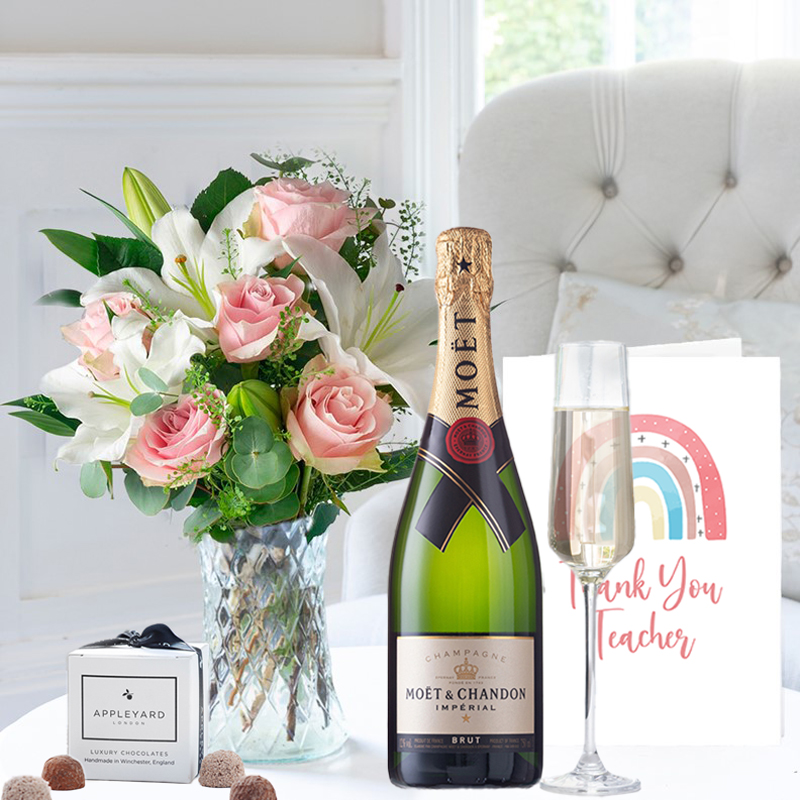 Simply Pink Rose & Lily, Moët & Chandon, 6 Mixed Truffles & Thank You Teacher Card image