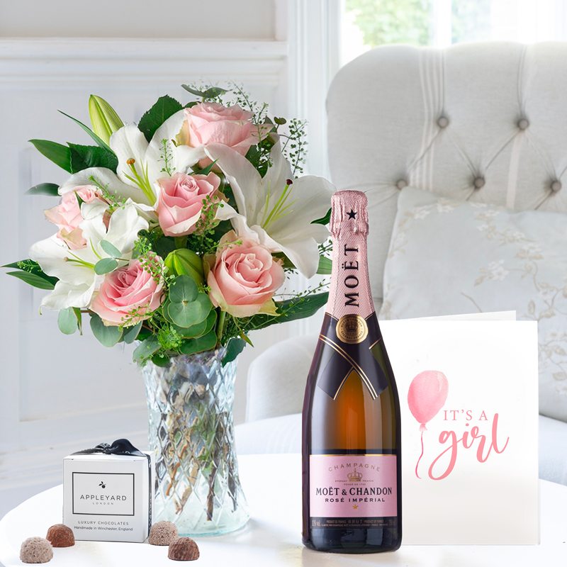 Simply Pink Rose & Lily, Moët Rosé, 6 Mixed Truffles, Vase & New Baby Girl Card image