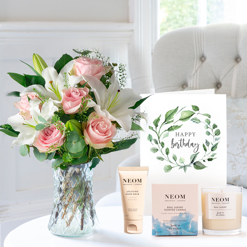 Simply Pink Rose & Lily, NEOM Candle, Hand Balm & Birthday Card image
