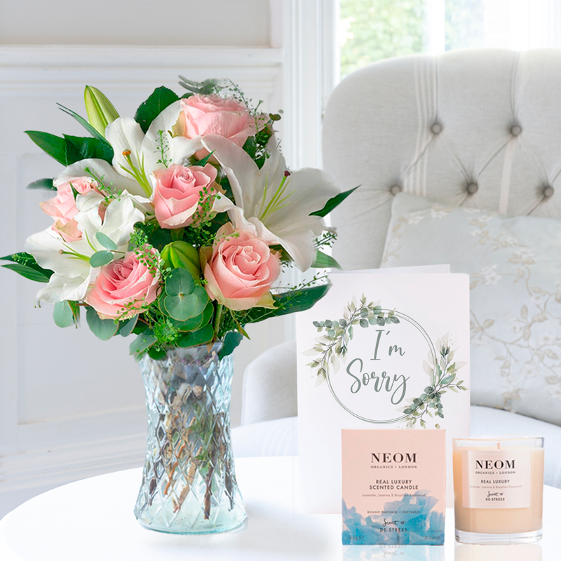 Simply Pink Rose & Lily | NEOM Luxury Candle & I'm Sorry Card | Next Day Flower Delivery UK | Flowers Delivered - Appleyard London