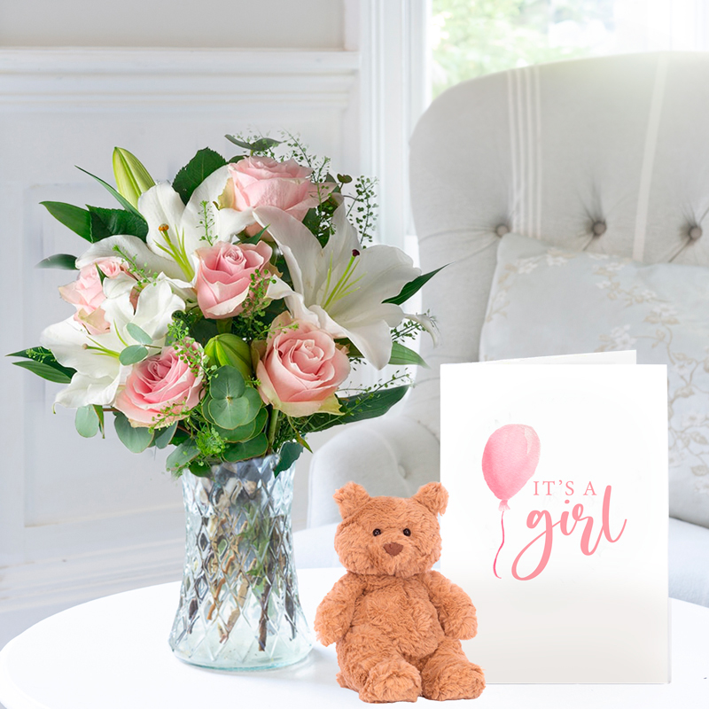 Simply Pink Rose & Lily, Small Bartholomew Bear (16cm), Vase & New Baby Girl Card image