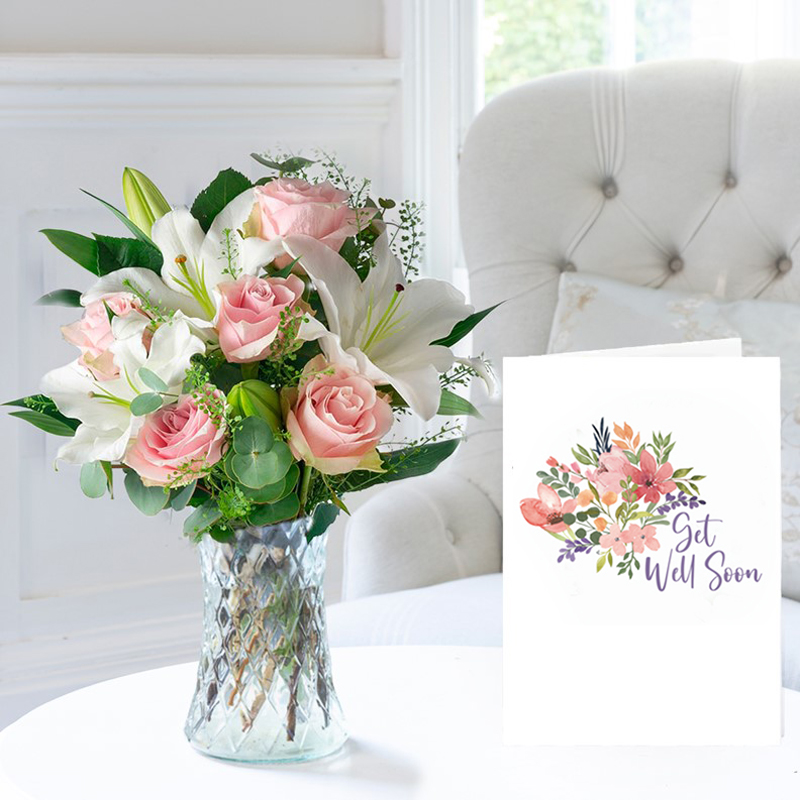 Simply Pink Rose & Lily, Vase & Get Well Card image