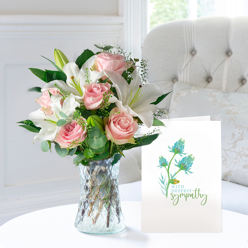 Simply Pink Rose & Lily, Vase & Sympathy Card image
