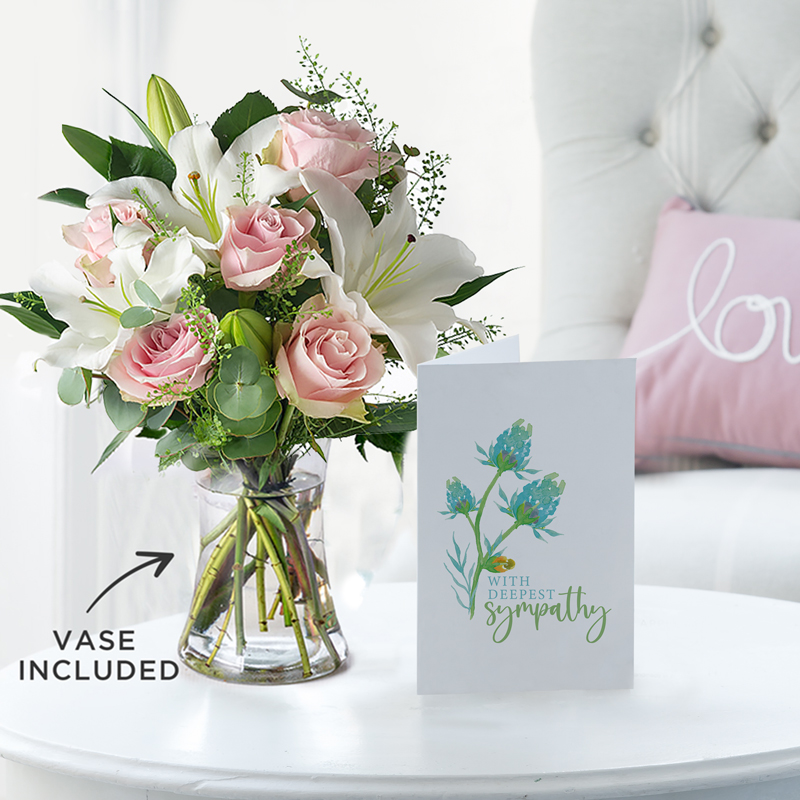 Simply Pink Rose & Lily, Vase & Sympathy Card