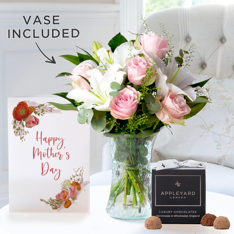 Simply Pink Rose & Lily, Vase, 12 Mixed Truffles & Happy Mother's Day Card image