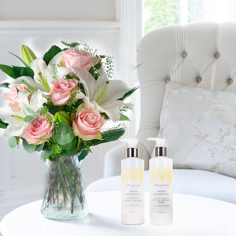 Flowers & Wellbeing Gift Set - Luxury Pink Roses & White Lilies - Warm Amber Body Lotion & Body Wash & Christmas Card - Christmas Flowers & Gifts