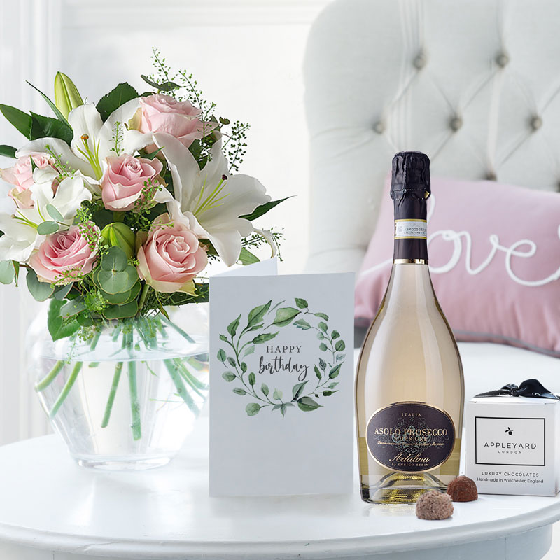 Simply Pink Rose & Lily, Prosecco, 6 Mixed Truffles & Birthday Card