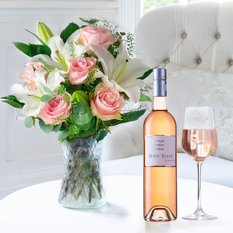 Simply Pink Rose & Lily & Mon Rosé Wine | Flowers & Wine Gift Set | Next Day Flowers & Wine Delivery - Appleyard London
