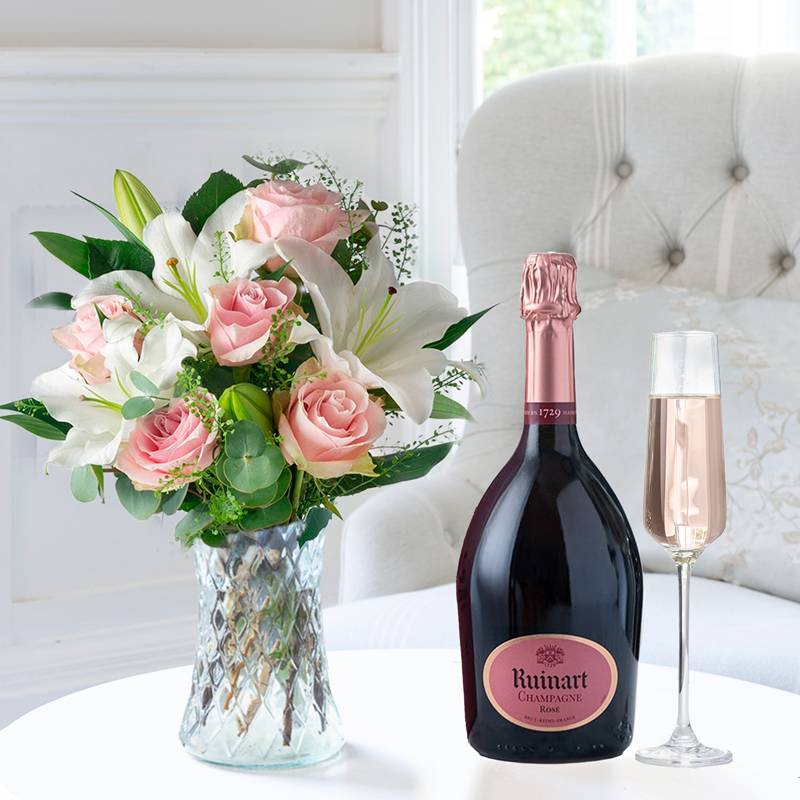 Simply Pink Rose & Lily & Ruinart Rosé Champagne | Flowers & Champagne Gift Set | UK Next Day Delivery - Appleyard London