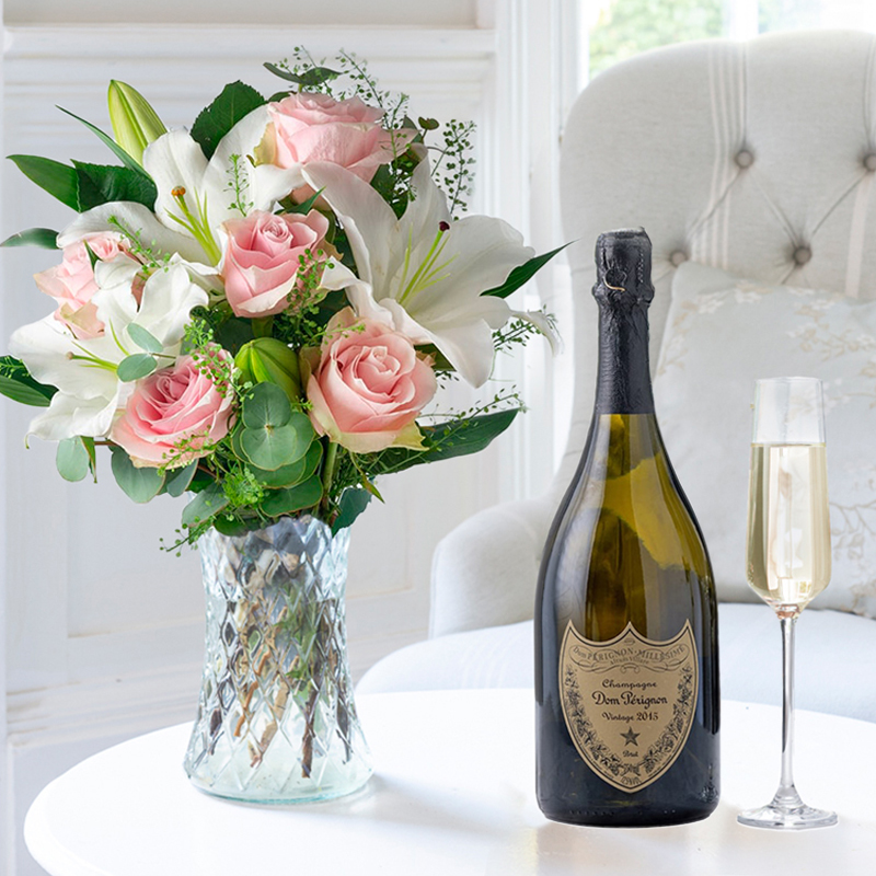 Flowers & Champagne Gift Set - Simply Pink Rose & Lily & Dom Perignon Champagne - Flowers & Champagne Gift Set - Eucalyptus, Lilies - Cream, Green,