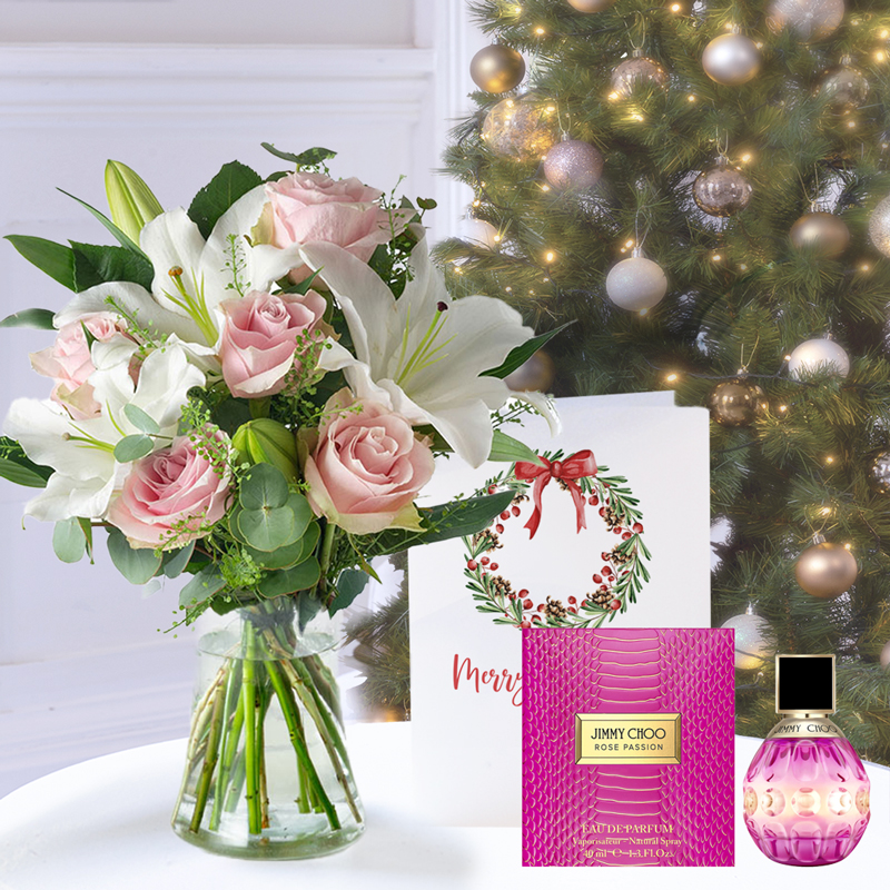 Flower Gift Set Christmas - Simply Pink Rose & Lily, Jimmy Choo Rose Passion Eau de Parfum & Card - Eucalyptus & Lilies - Christmas Flower & Gift