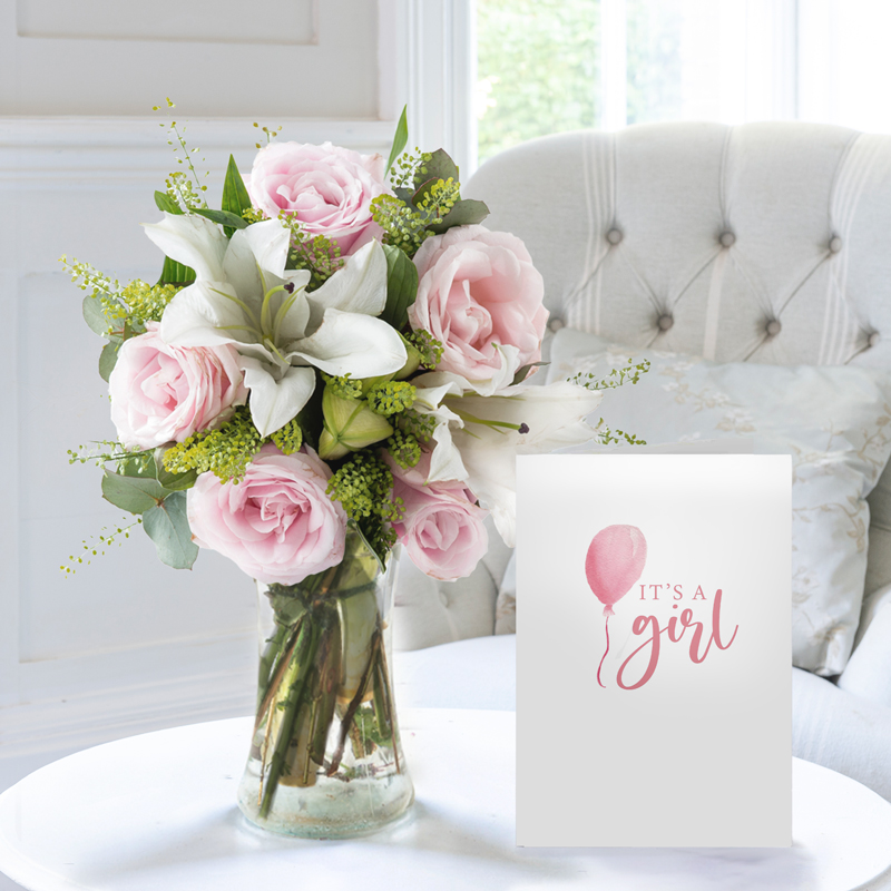 Simply Pink Rose & Lily & New Baby Girl Card