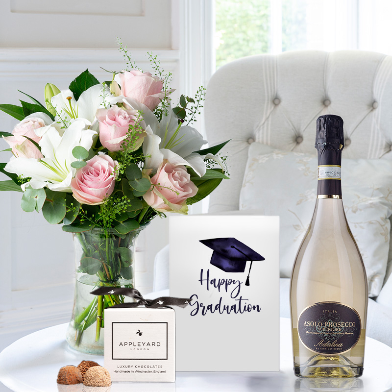 Simply Pink Rose & Lily, Prosecco, 6 Mixed Truffles & Graduation Card