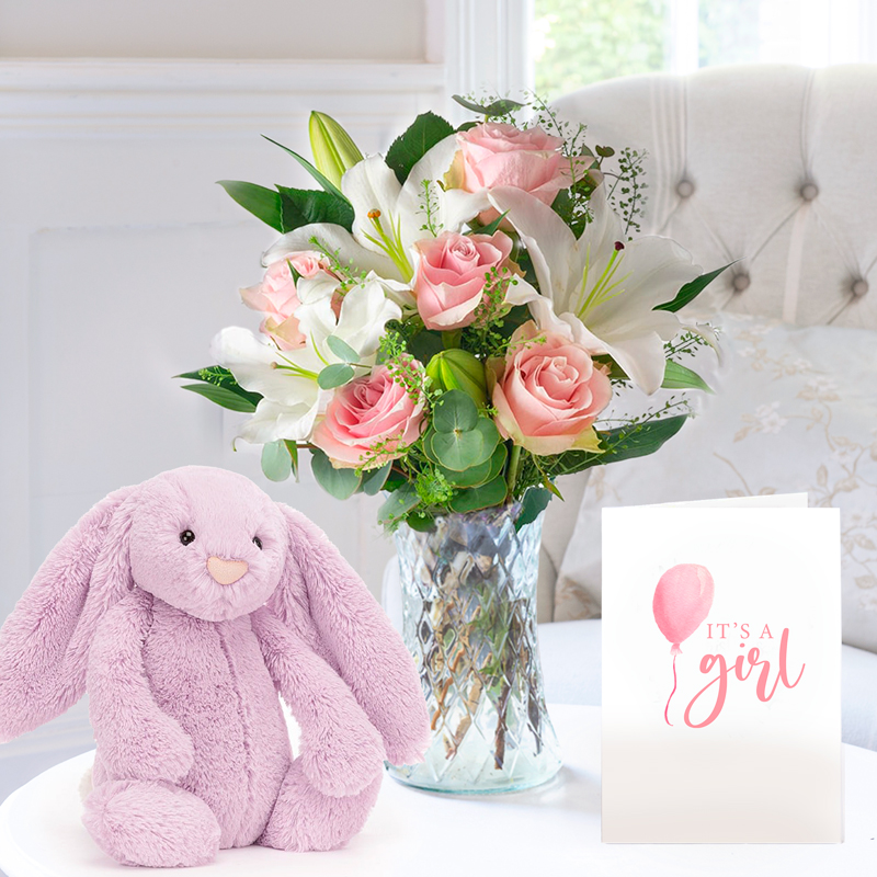 Simply Pink Rose, Jellycat Lilac Bunny & Baby Girl Card