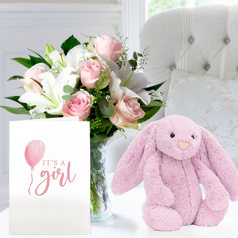 Simply Pink Rose, Jellycat Lilac Bunny & Baby Girl Card image