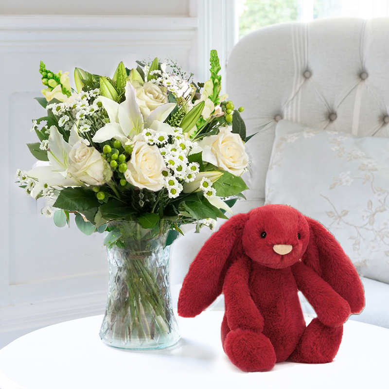 Simply White Rose & Lily Bouquet | Jellycat Bunny Scarlett | Gifts to Truly Wow by Appleyard | Next Day Flowers Delivery - Appleyard London