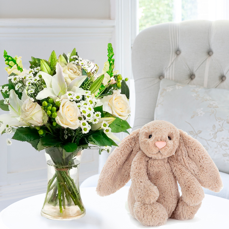 Flower Gift Set - Simply White Rose & Lily & Jellycat Bashful Beige Bunny - Antirrhinum & Chrysanthemum - Next Day Flower & Gift Delivery UK -