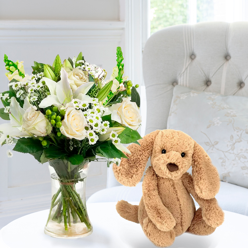Flower Gift Set - Simply White Rose & Lily & Jellycat Bashful Toffee Puppy - Antirrhinum & Chrysanthemum - Next Day Flower & Gift Delivery UK -
