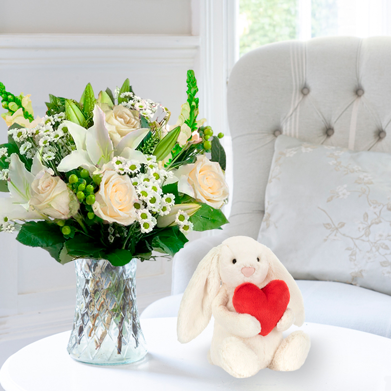 Simply White Rose & Lily & Jellycat Red Love Heart Bunny | Gifts to Truly Wow by Appleyard | Next Day Flowers Delivery - Appleyard London