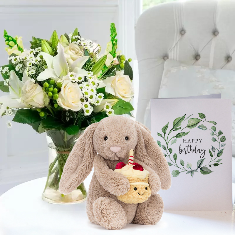 Simply White Rose & Lily Bouquet |Jellycat Birthday Cake (18cm) & Birthday Card| Gifts to Truly Wow by Appleyard | Next Day Flowers Delivery -