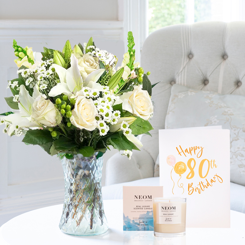 80th Birthday Gift Flower Gift Set - Simply White Rose & Lily, NEOM Real Luxury Candle & Birthday Card - Lilies & Roses - Next Day Flower & Gift