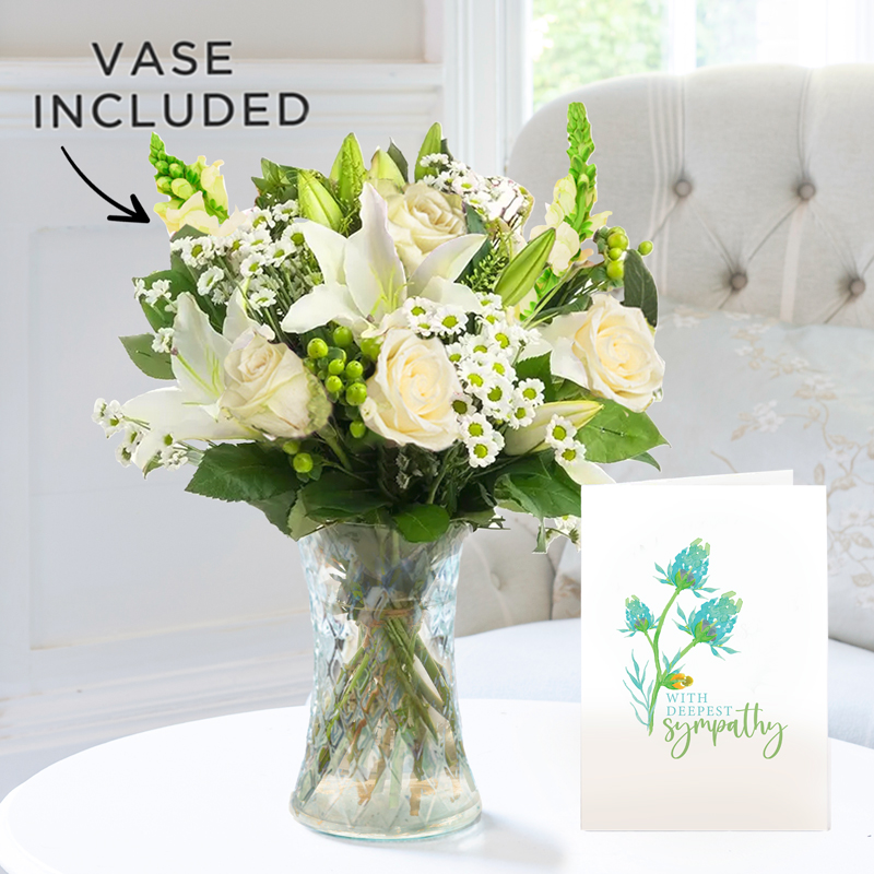 Simply White Rose & Lily, Vase & Sympathy Card