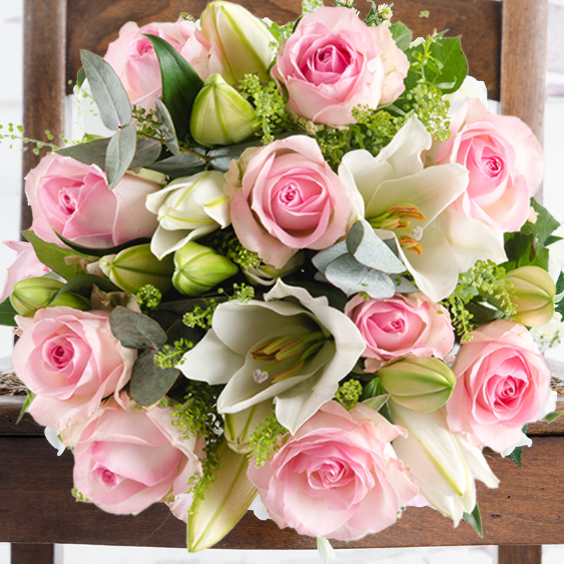 Luxury Flower Bouquet - Pink Roses & White Oriental Lilies - Flowers - Simply Pink Rose & Lily Bouquet - Next Day Flower & Gift Delivery UK -