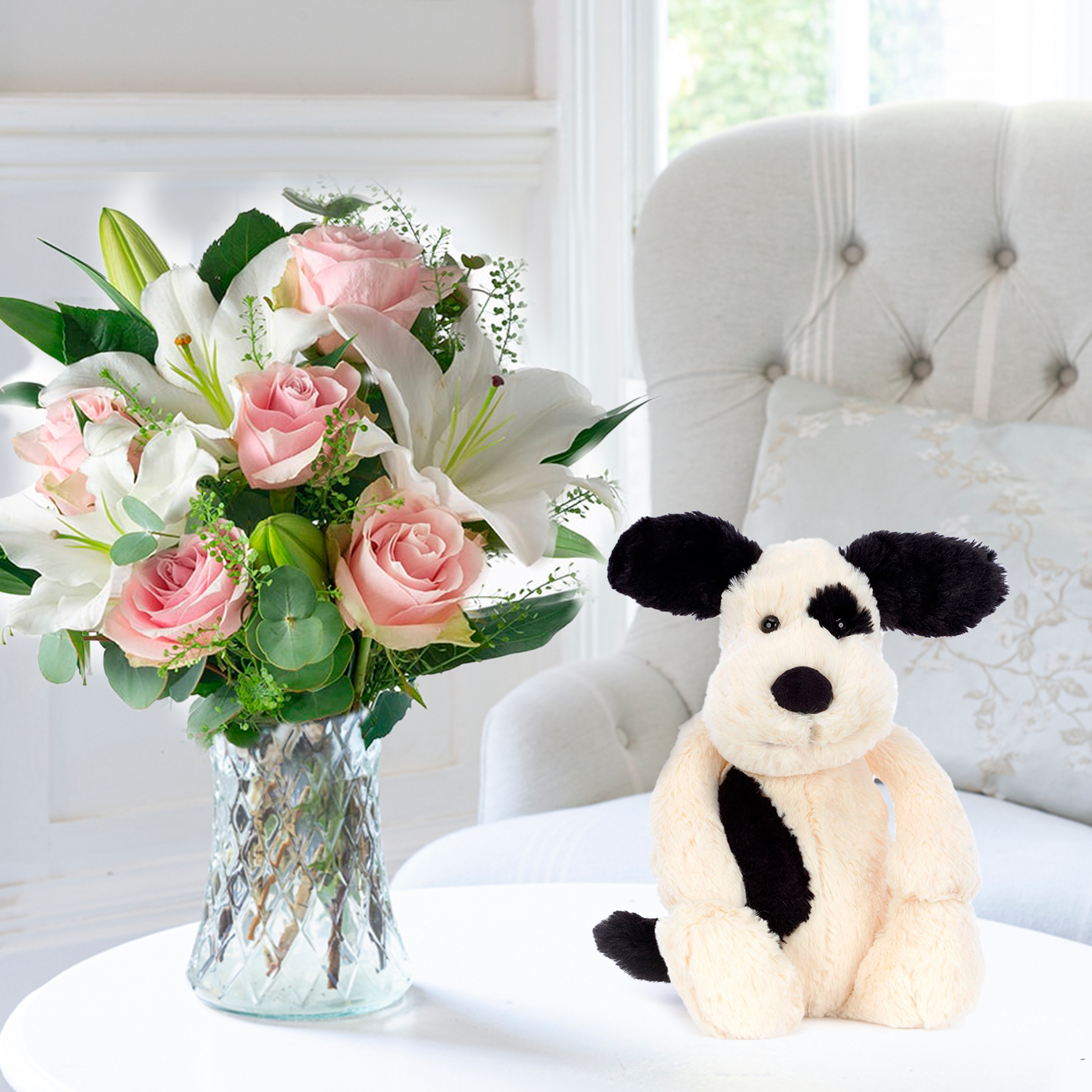Flower Gift Set - Simply Pink Rose & Lily & Jellycat Bashful Black & Cream Puppy - Eucalyptus & Lilies - Next Day Flower & Gift Delivery UK -