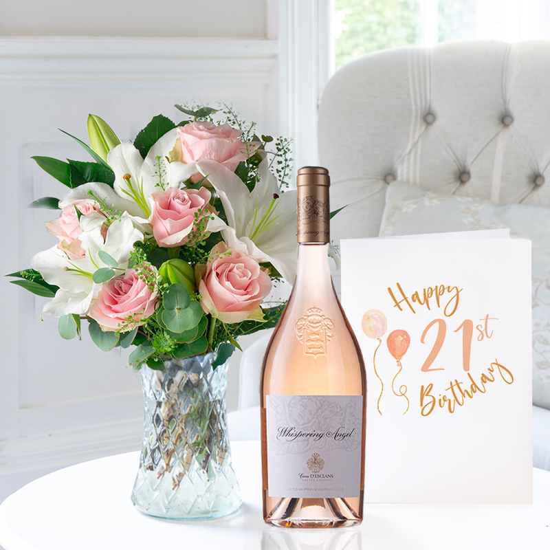 Simply Pink Rose & Lily, Whispering Angel (75cl) & 21st Birthday Card image