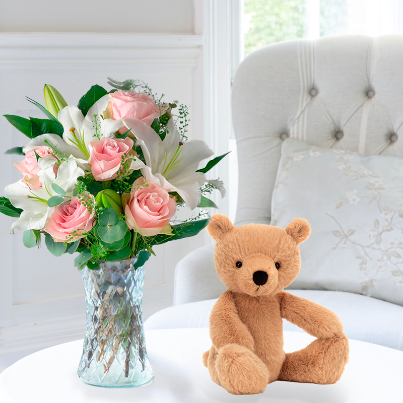 Simply Pink Rose & Lily & Jellycat Bashful Blue Bunny | Gifts to Truly Wow by Appleyard | Next Day Flowers Delivery - Appleyard London