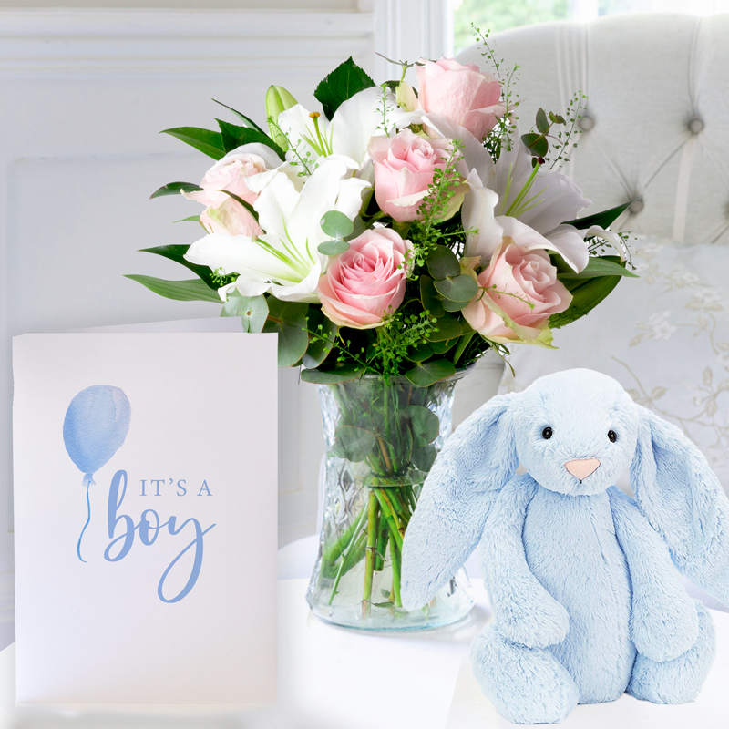Simpy Pink Rose & Lily. Jellycat® Bashful Blue Bunny & New Baby Boy Card image