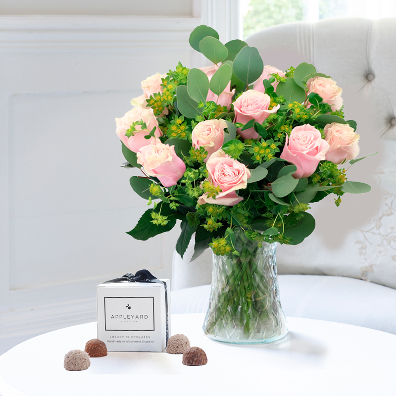 Roses & Chocolate Truffles Gift Set 12 Luxury Pink Roses & 6 Chocolate Truffles - Roses & Chocolate Truffles Gift Set - Beige, Cream, Green - Next Day