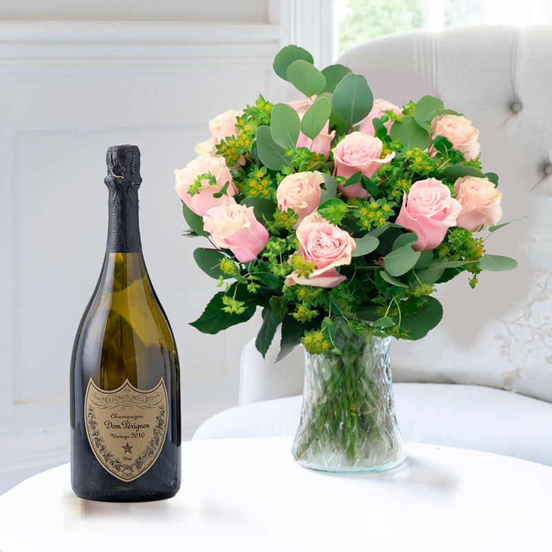 12 Luxury Pink Roses & Dom Perignon Champagne | Flowers & Champagne Gift Set | UK Next Day Delivery - Appleyard London