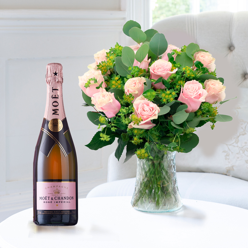 12 Luxury Pink Roses with Moët & Chandon Rosé Champagne | Flowers & Champagne Gift Set | UK Next Day Delivery - Appleyard London
