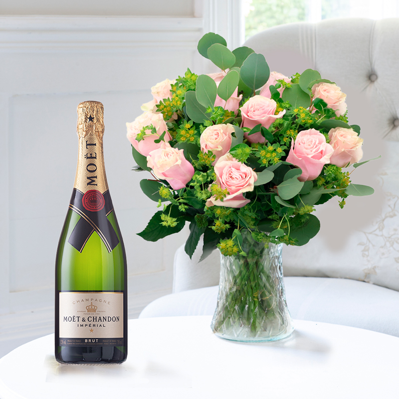 Roses & Champagne Gift Set - 12 Luxury Pink Roses, Moët & Chandon Champagne - Next Day Flower & Gift Delivery UK - Appleyard London