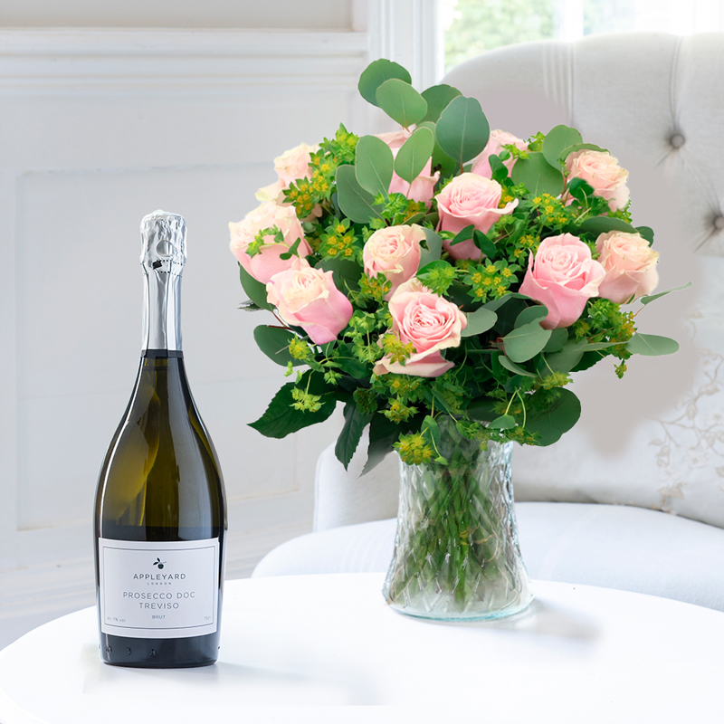 Flowers & Prosecco Gift Set - 12 Luxury Pink Roses & Prosecco - Flowers & Prosecco Gift Set - Next Day Flower & Gift Delivery UK - Appleyard London