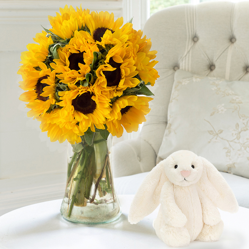 Flowers & Jellycat Gift Set - Summer Sunflowers & Jellycat Cream Bunny. - Sunflowers - Next Day Flower & Gift Delivery UK - Appleyard London