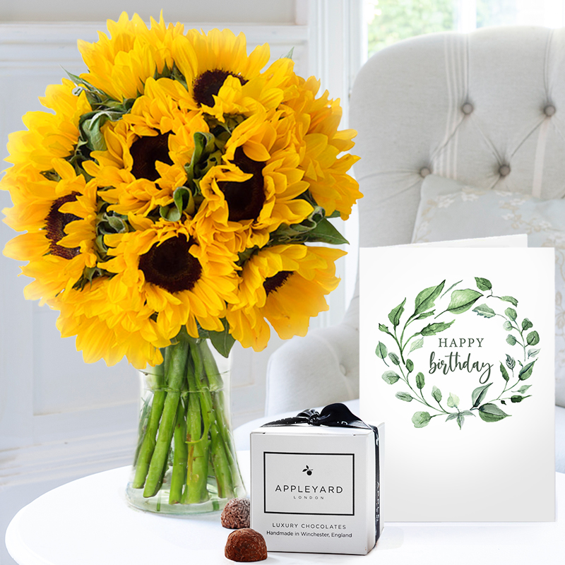 Summer Sunflowers, 6 Mixed Truffles & Birthday Card image
