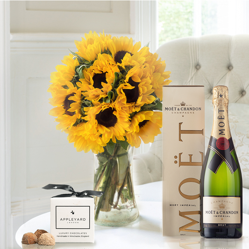 Flower Gift Set - Summer Sunflowers, Moët & Chandon & 6 Mixed Truffles - Yellow - Sunflowers - Next Day Flower & Gift Delivery UK - Appleyard London