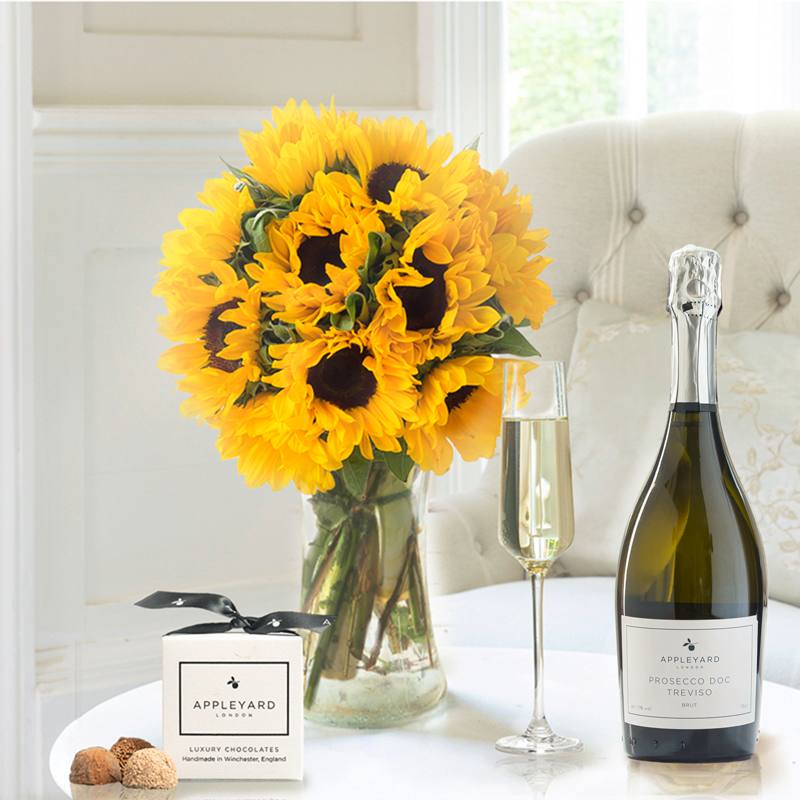 Flower Gift Set - Summer Sunflowers, Prosecco & 6 Mixed Truffles - Yellow - Sunflowers - Next Day Flower & Gift Delivery UK - Appleyard London