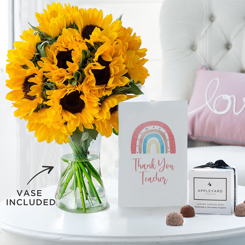 Flower Gift Set Thank You Summer Sunflowers, Vase, 6 Mixed Truffles & Card - - Next Day Flower & Gift Delivery UK - Appleyard London
