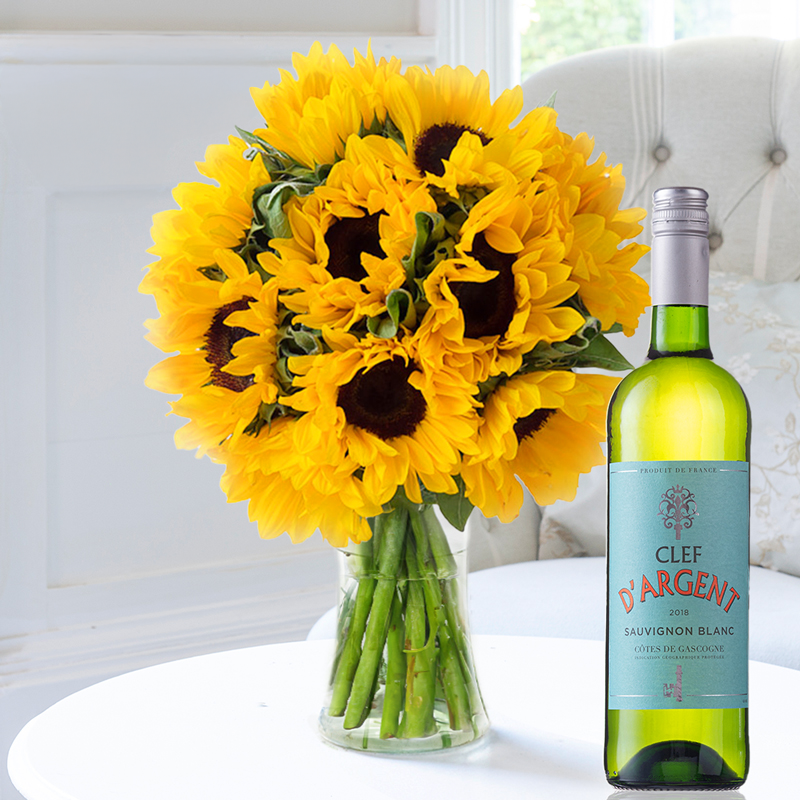 Flower Gift Set - Summer Sunflowers, Vase & Clef D'argent Wine - Yellow - Sunflowers - Next Day Flower & Gift Delivery UK - Appleyard London