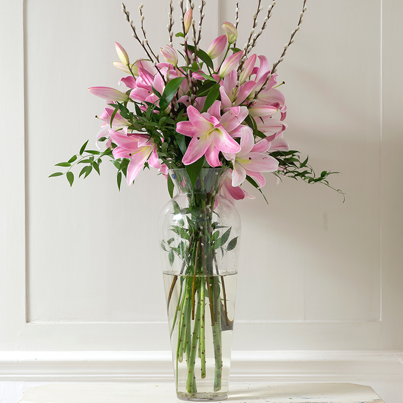 Pink Oriental Lilies & Pussy Willow - Tall Vase Floral Arrangement - Lilies - Flower Bouquet - Next Day Flower & Gift Delivery UK - Appleyard London