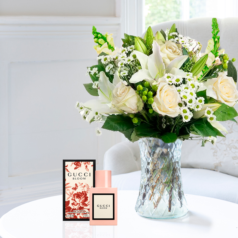 Simply White Rose & Lily & Gucci Bloom Eau De Parfum (30ml) | Gifts to Truly Wow by Appleyard | Next Day Flowers Delivery - Appleyard London