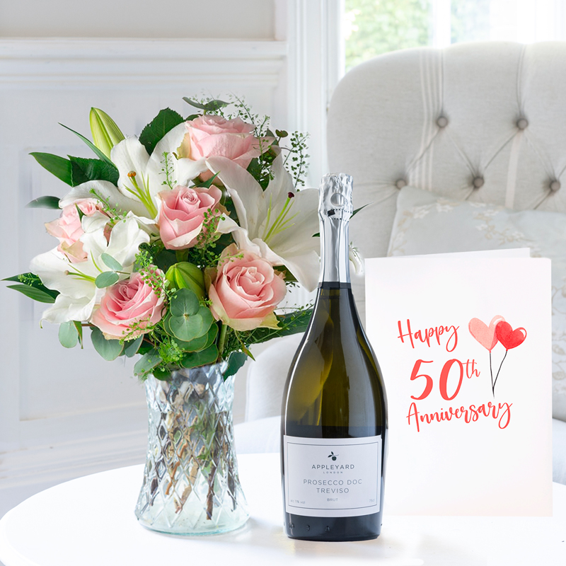 Simply Pink Rose & Lily, Appleyard Prosecco & 50th Anniversary Card image